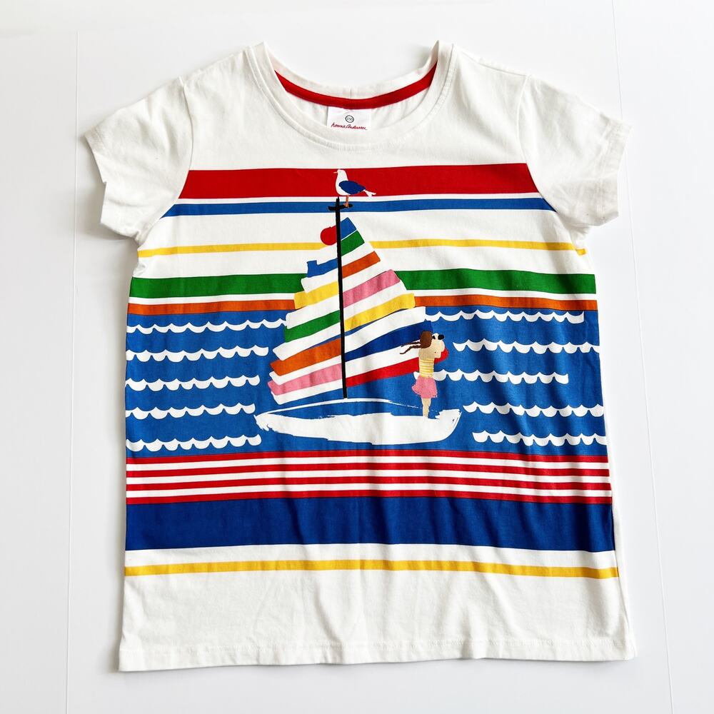 [Hanna Andersson] Striped Sailboat Graphic Tee Short Sleeve Crew Neck Sz 150 12